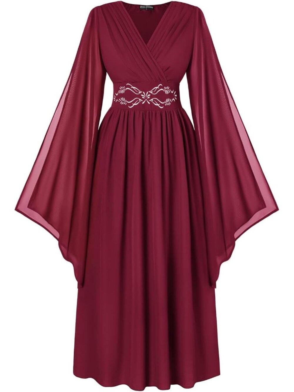 Women's Wine Red Bell Sleeve Wrap V Neck Embroidery Imported Costume Dress
